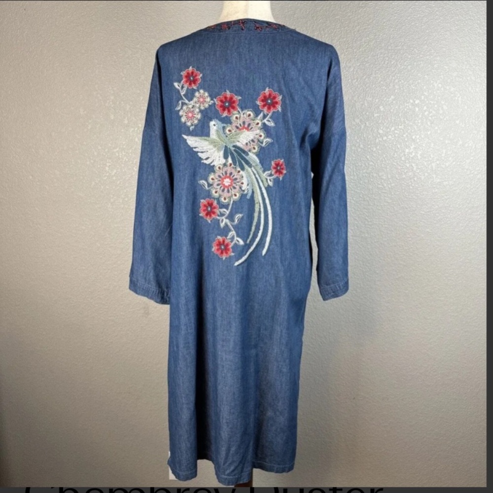 Chambray Denim Duster Jacket Embroidered Bird Flower Pockets Small